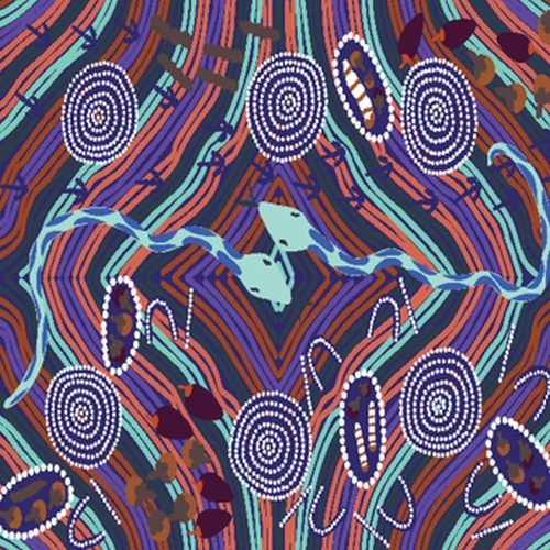 Fabric 2nd - Aboriginal Art Rainbow Snake - Blue Per Metre