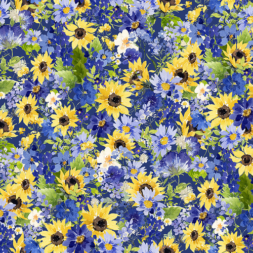 Fabric Remnant-Sunflower Bouquets Digital Packed Flowers 46cm