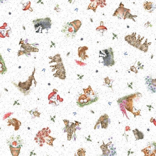 Fabric Remnant-Bramble Patch Tossed Animals White 81cm