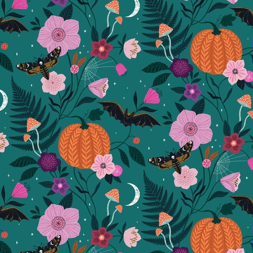 Fabric Remnant-	 Dashwood Twilight Spooky Bat Floral 84cm