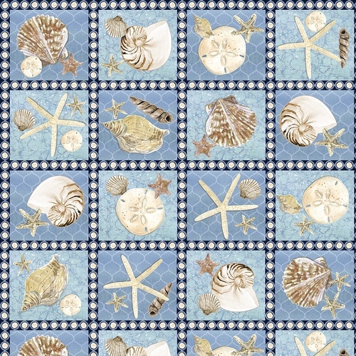 Fabric Remnant- Sea Life Shells Squares Blue 89cm