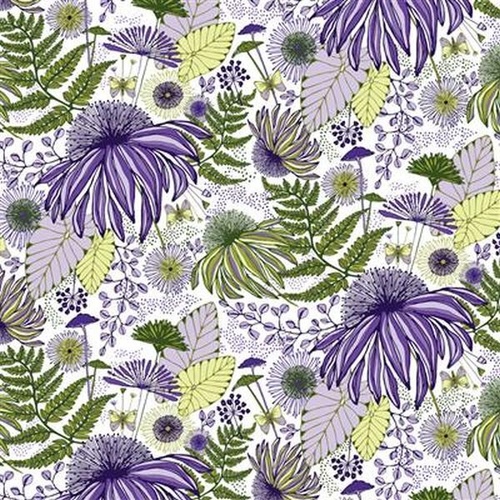 Fabric Remnant-  Lilla Echinacea Garden White 47cm