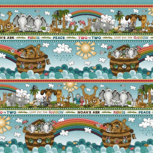 Two By Two Noah's Ark Animals Border Stripe 1759-17 Teal 