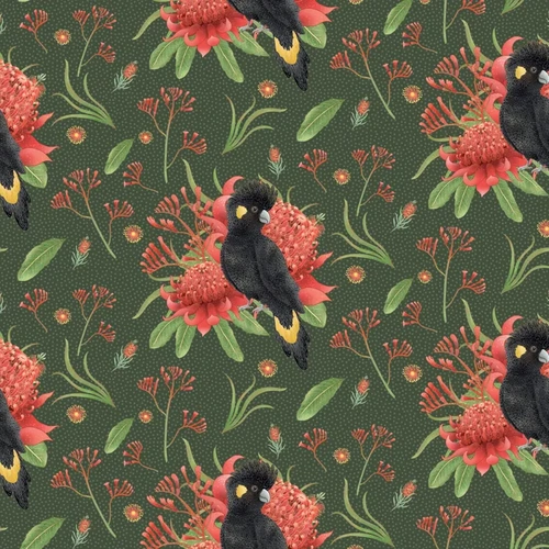 Jen Digital Art Christmas Black Cockatoos Wildflowers DV6957