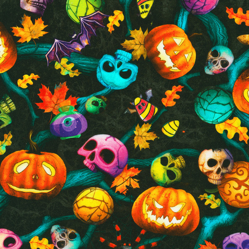 Bright Frights Halloween Pumpkins & Skulls Night Black 23085-438