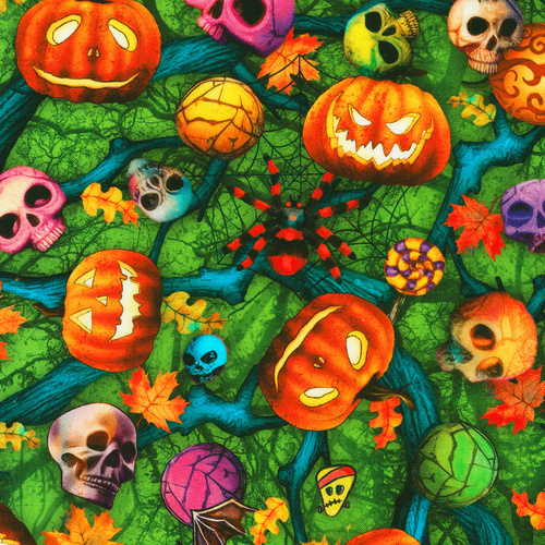 Bright Frights Halloween Pumpkins, Spiders Skulls Lime 23085-386