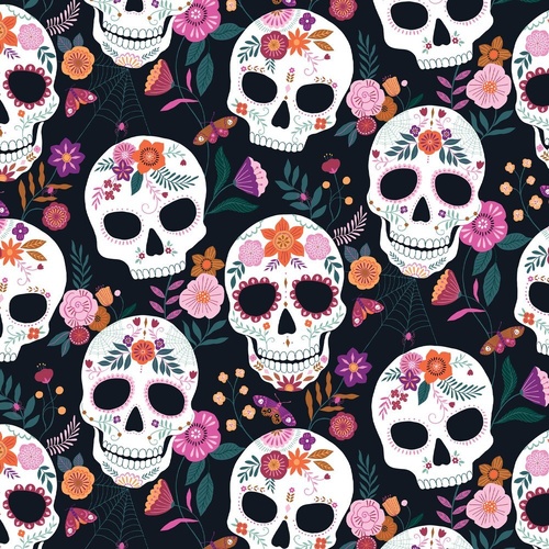 Fabric Remnant-Dashwood Twilight Sugar Skulls Floral 80cm