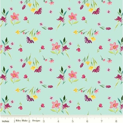 Fabric Remnant-Hampton Garden Stems Floral Aqua 70cm