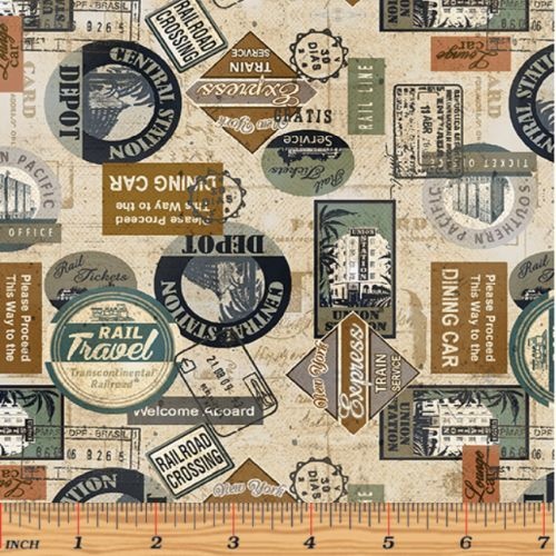 Fabric Remnant-	Railway Express Train Symbols 72cm