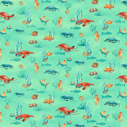 Fabric Remnant- Salty Dogs Novelty Crabs and Shells 78cm