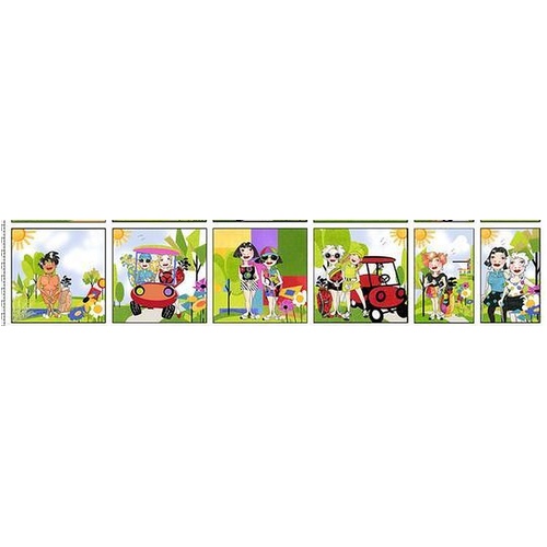 Fabric Remnant-Golf Happy Golfer Girls Carts Block Panel 19cm