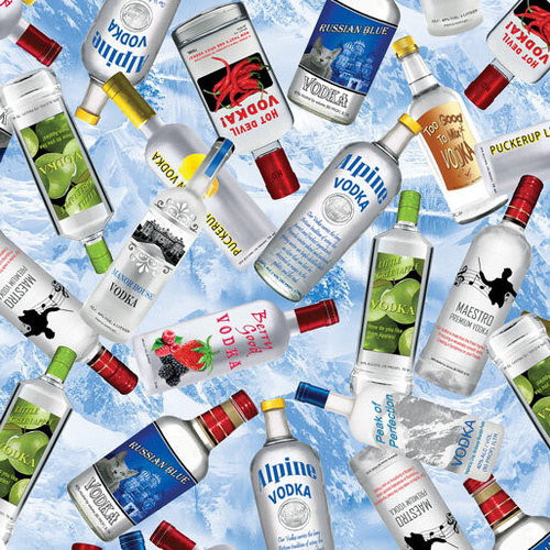 Fabric Remnant-  Top Shelf Vodka Bottles Blue 61cm