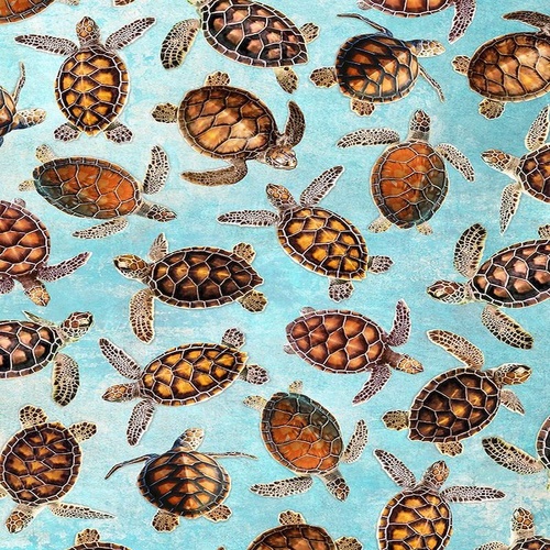 Fabric Remnant-   Sea Ocean Turtles Swimming Aqua 78cm