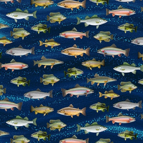 Fabric Remnant-Lakeside Cabin Trout Fish Blue 57cm