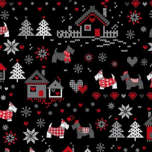 Fabric Remnant- 	 Knit & Caboodle Scotty Dogs Christmas 85cm