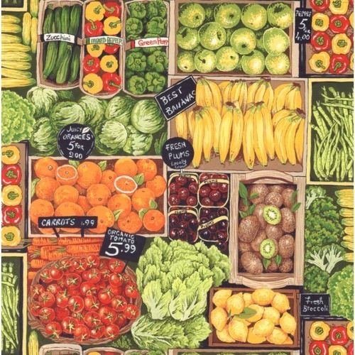 Fabric Remnant- 	 Market Fresh Market Stand Fruit Vegetables 92cm