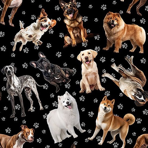 Furry Fun Tossed Dog Breeds Paws Black 4060M