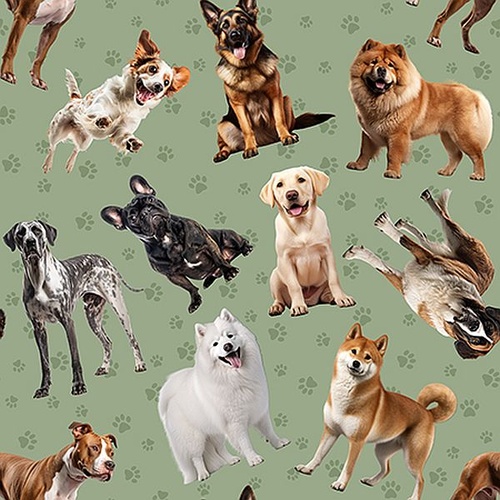 Furry Fun Tossed Dog Breeds Paws Green 4060L
