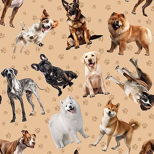 Furry Fun Tossed Dog Breeds Paws Beige 4060K