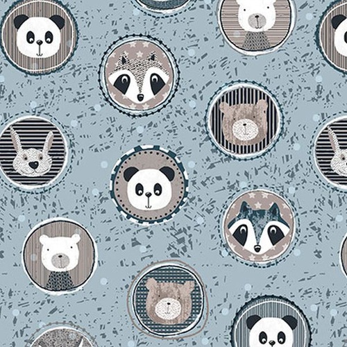 Fabric Remnant-	 Panda Fox Bear Rabbit Circles 76cm