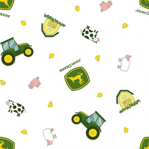 Fabric Remnant- 	 Licensed John Deere Nursery Tractors Farm Animals 35cm