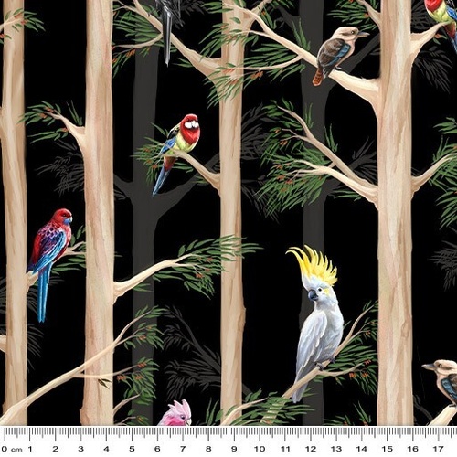 Fabric Remnant- 	 Birds of the Bush Blue Gum Forest  39cm