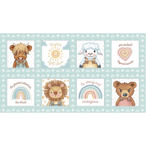 Henry Glass | Boho Buddies – Animal Blocks Aqua Panel 1723P-16