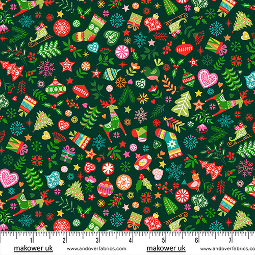 Fabric Remnant | Christmas Brights Scattered Ornaments Green (53cm x 112cm)