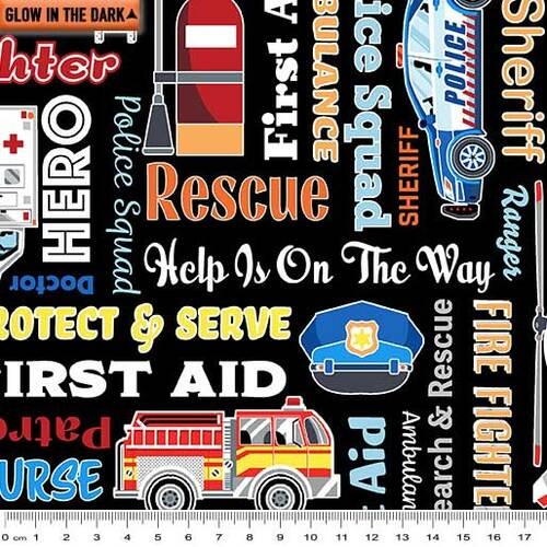 Fabric Remnant |	Save the Day First Responders Words (49cm x 112cm)
