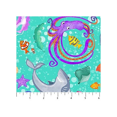Fabric Remnant |  ABC 123 Sealife Toss Turquoise  (78cm x 112cm)