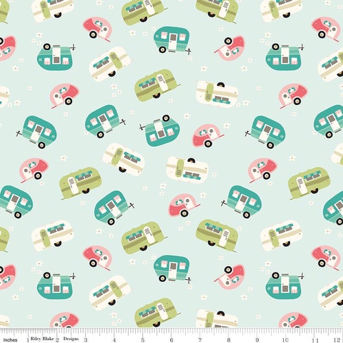 Fabric Remnant | 	 Riley Blake Glamp Camp Caravans Mint (72cm x 112cm)