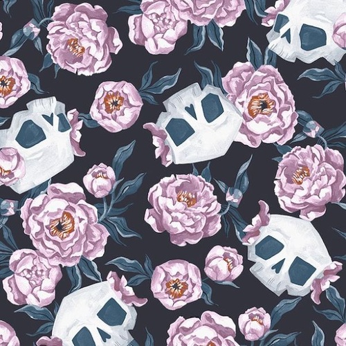 Fabric Remnant | Skulls Flowers Graphite (53cm x 112cm)