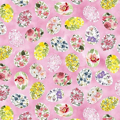 Henry Glass | Basket Full of Blessings | Floral Egg Medallions Pink 2133-22