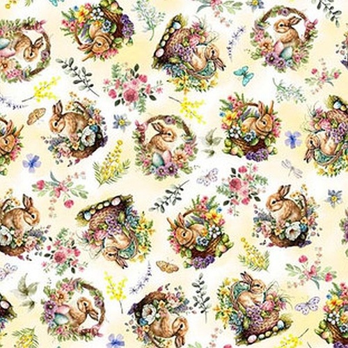 Henry Glass | Basket Full of Blessings | Bunny Floral Scenic Cream 2138-33