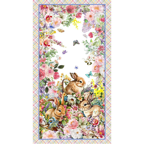Henry Glass | Basket Full of Blessings | Floral Bunny Scenic 24" Panel  2142P-22