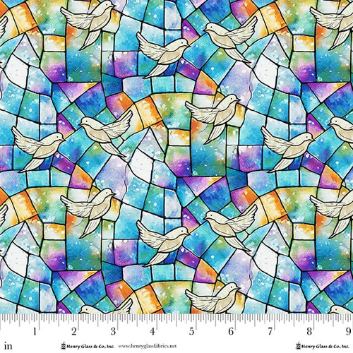 Henry Glass | Faith in Full Color | Doves Stained Glass Fabric Turq 179-73