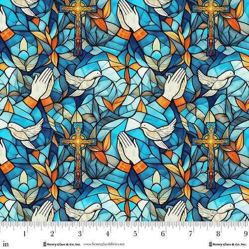 Henry Glass | Faith in Full Color | Praying Hands Fabric Turq 2181-73