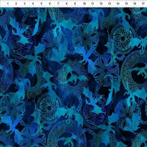 Fabric Remnant |Dragons Blue Fury Digital Celtic Crest (86cm x 112cm)