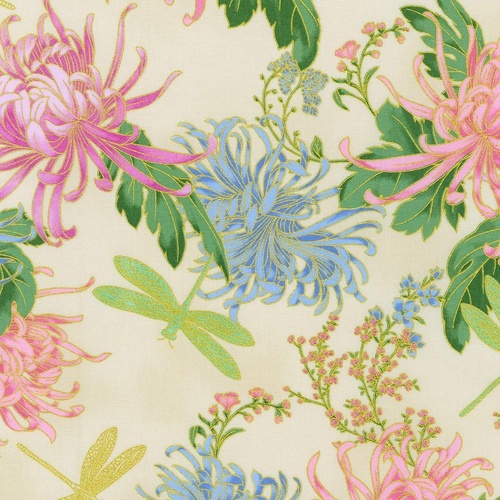 Fabric Remnant |  Kaufman Aurelia Metallic Chrysanthemums | 92cm x 112cm