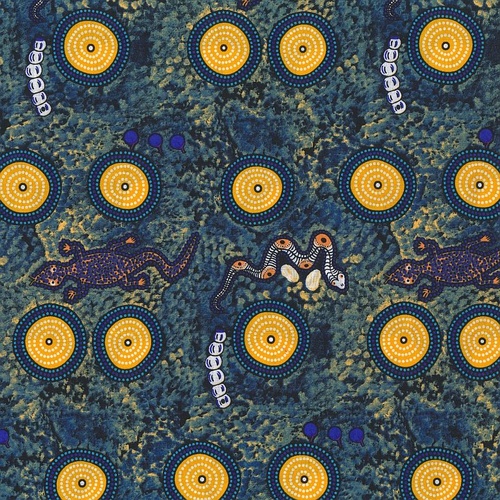 Super Sale | M&S Textiles | Aboriginal Art Snake & Goanna Bush Blue SGBTBL