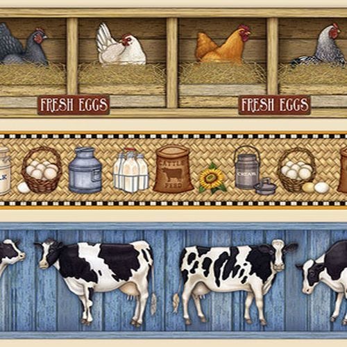 Fabric Remnant | Happy Homestead Cows Chickens Stripe 39cm