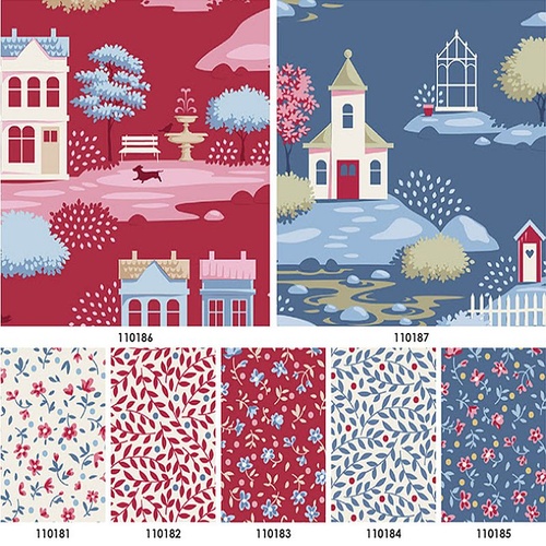Tilda | Village Life | Blender Fabric Bundle Burgundy Blue - 7 Designs