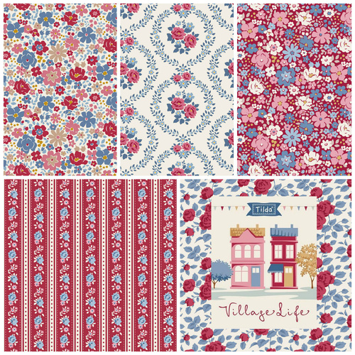 Tilda | Village Life | Floral 1/2 Metre Bundle Burgundy 