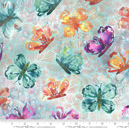 Fabric Remnant | 	Sunshine Soul Watercolour Butterfly Aqua (68cm x 112cm)
